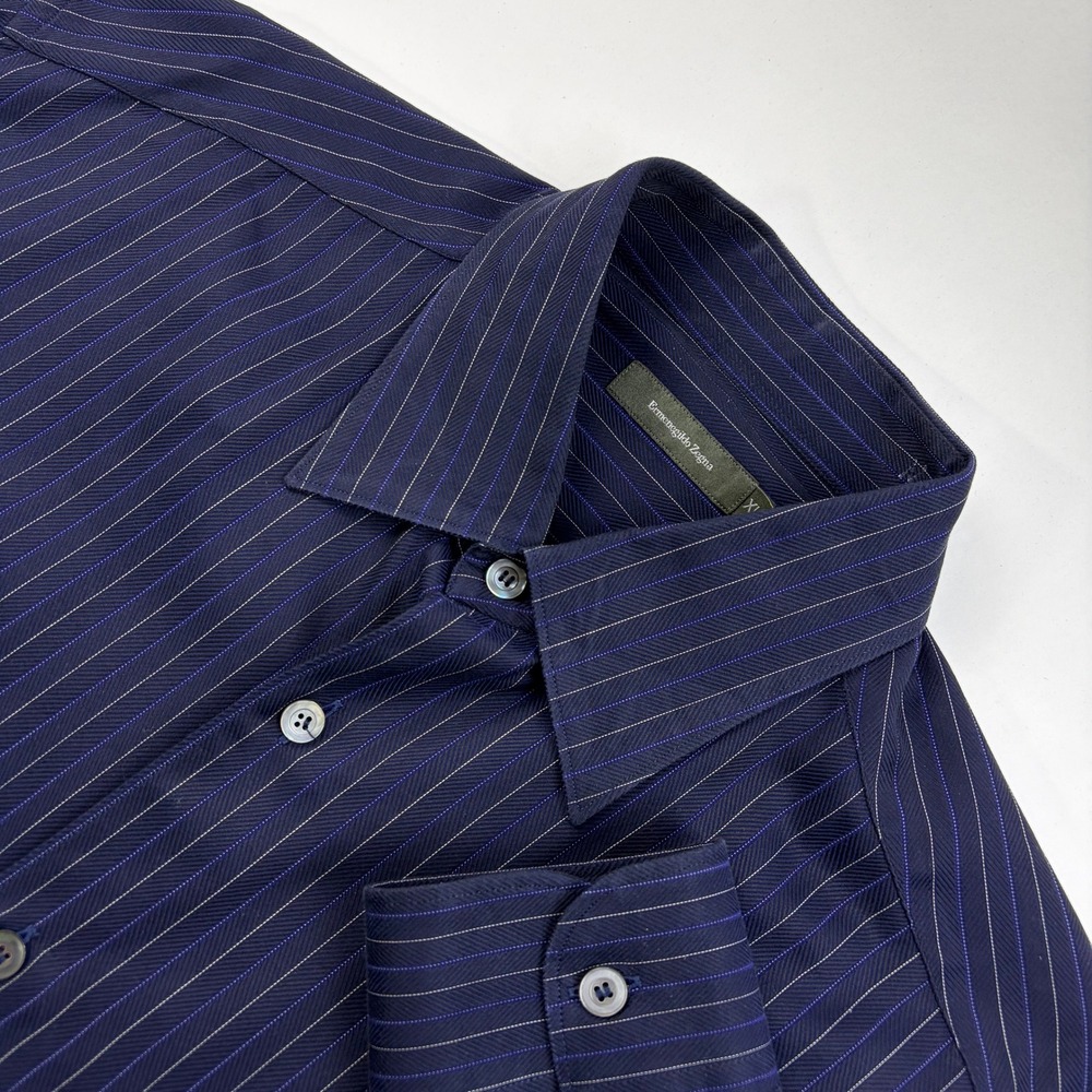 Ermenegildo Zegna Striped Dress Shirt Mens XL Navy Blue Herringbone Cotton Italy